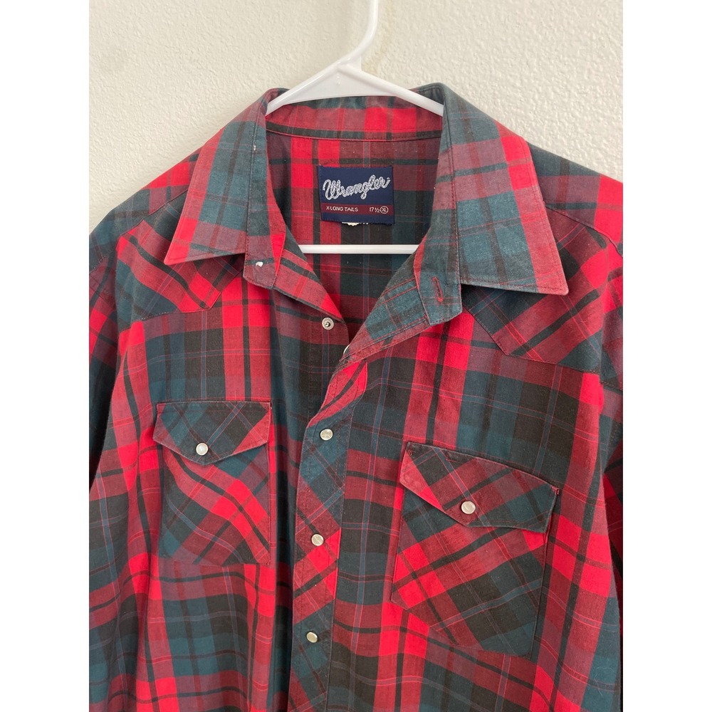 Wrangler Mens Size 17 1/2 Plaid Short Sleeve Western‎ Snap Button Shirt Red Teal
